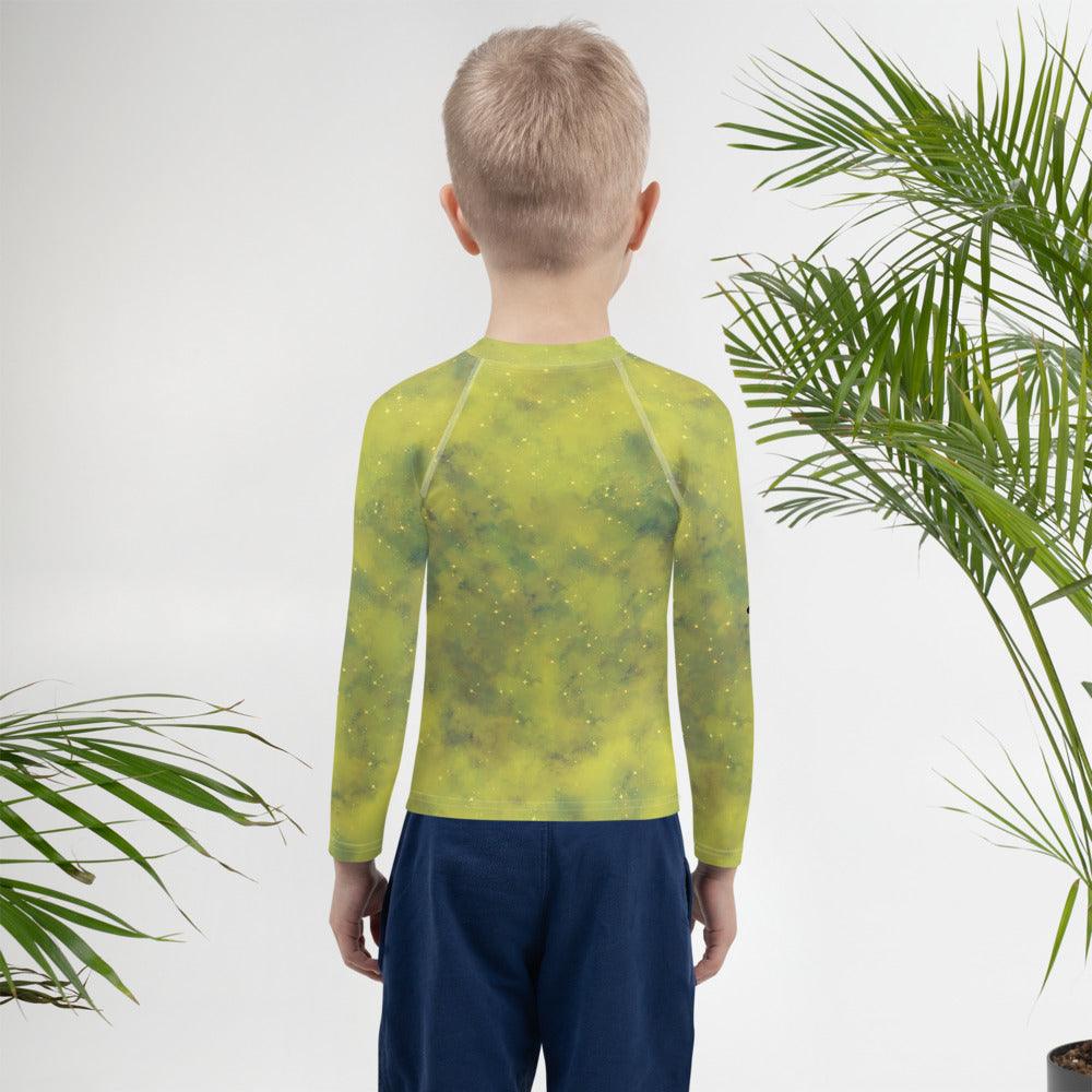 Close-up of Magical Merry Go Round Kids Rash Guard fabric detail.