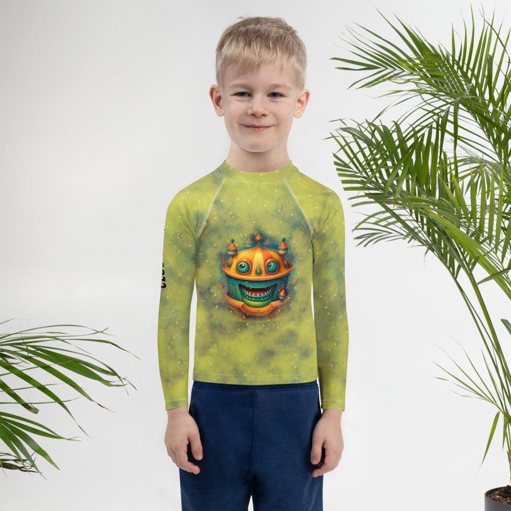 Kid playing in the water wearing Merry Go Round Rash Guard.
