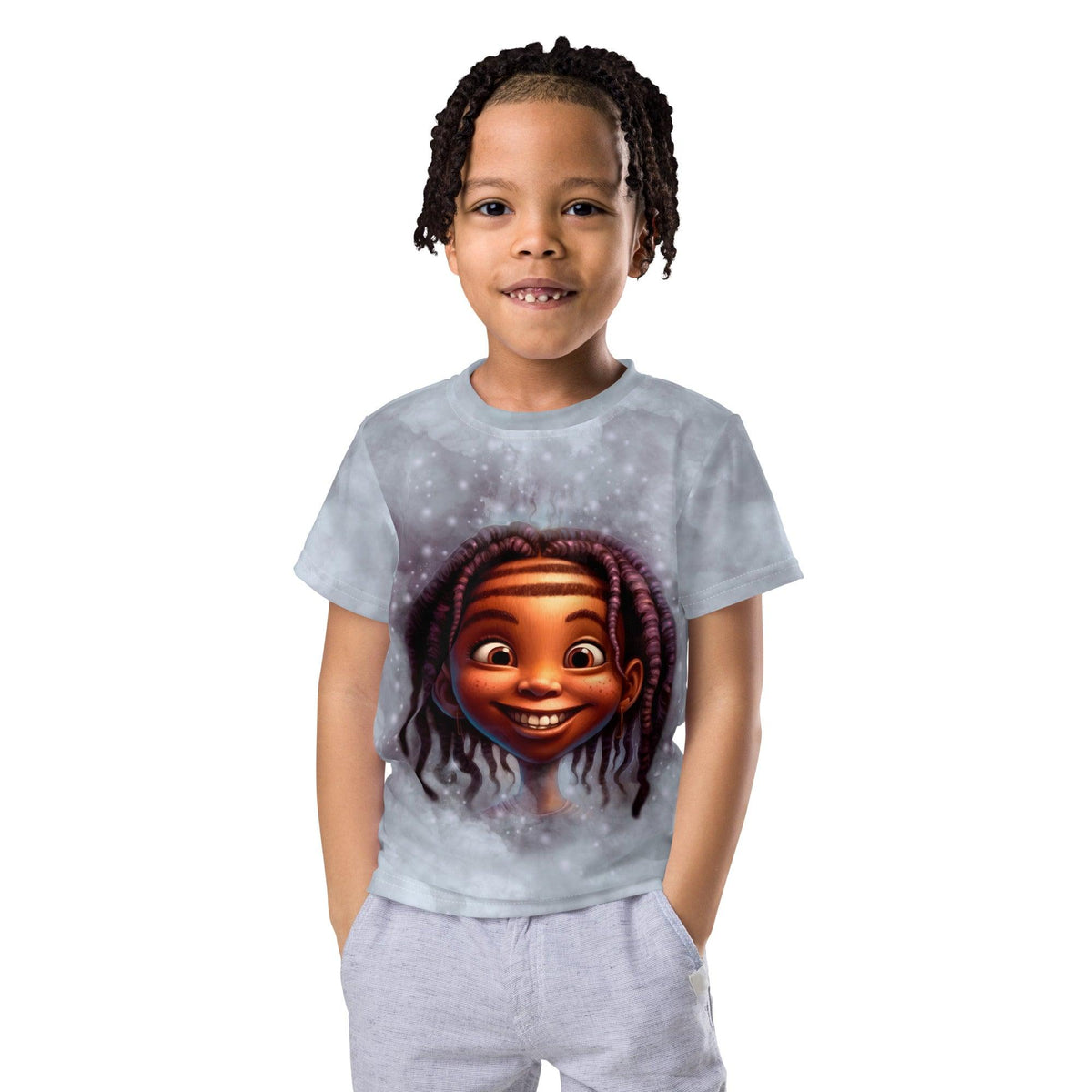 Kids wearing Magical Peepers Collection crew neck t-shirt in vibrant colors.