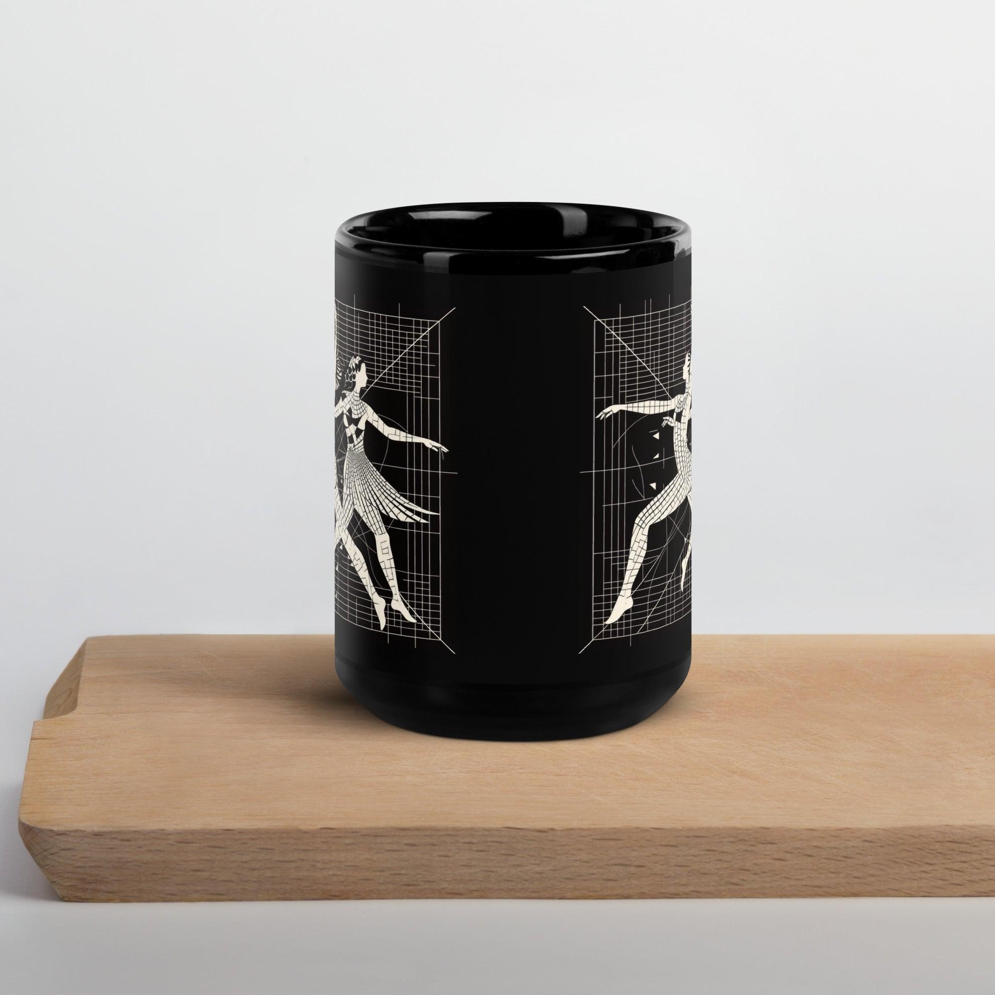 Side view of the ballet-inspired black glossy mug.