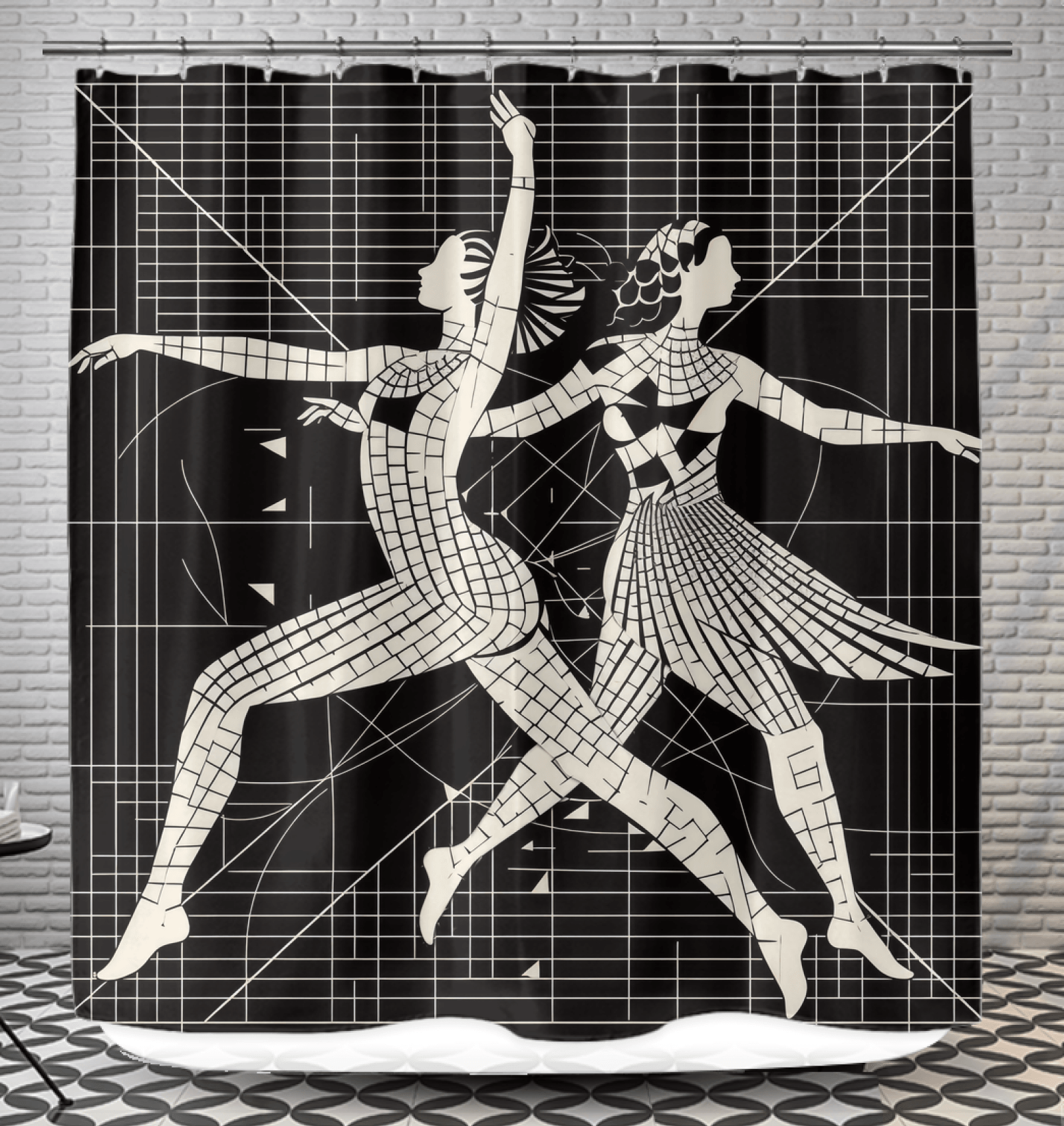 Elegant balletic attire themed shower curtain enhancing bathroom decor.