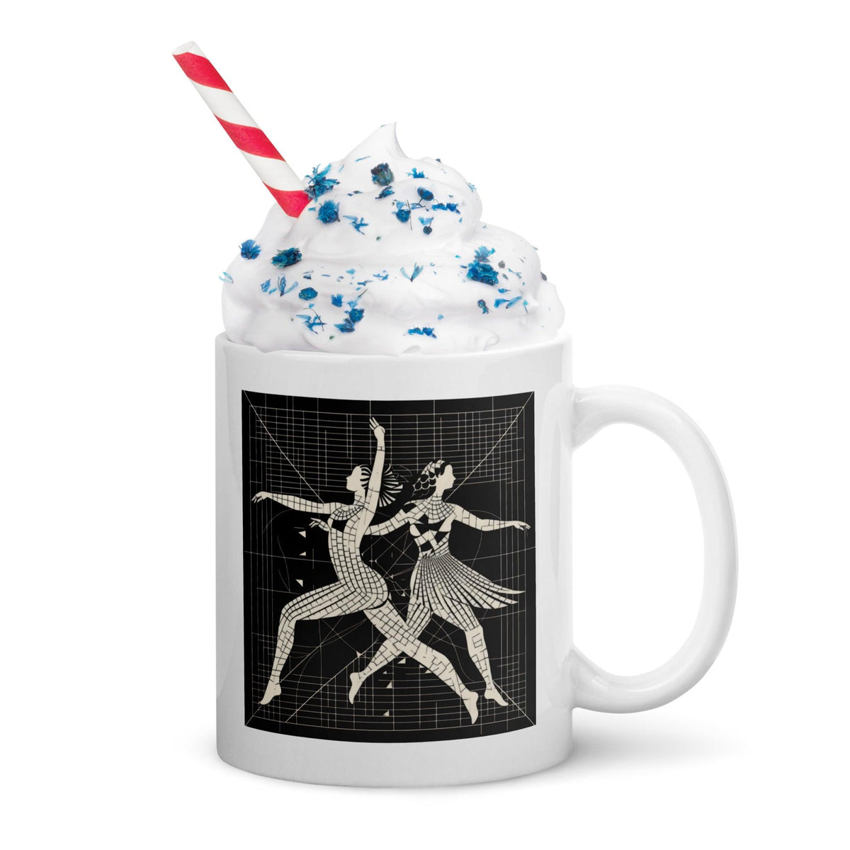 Elegant ballet-themed glossy white mug for coffee.