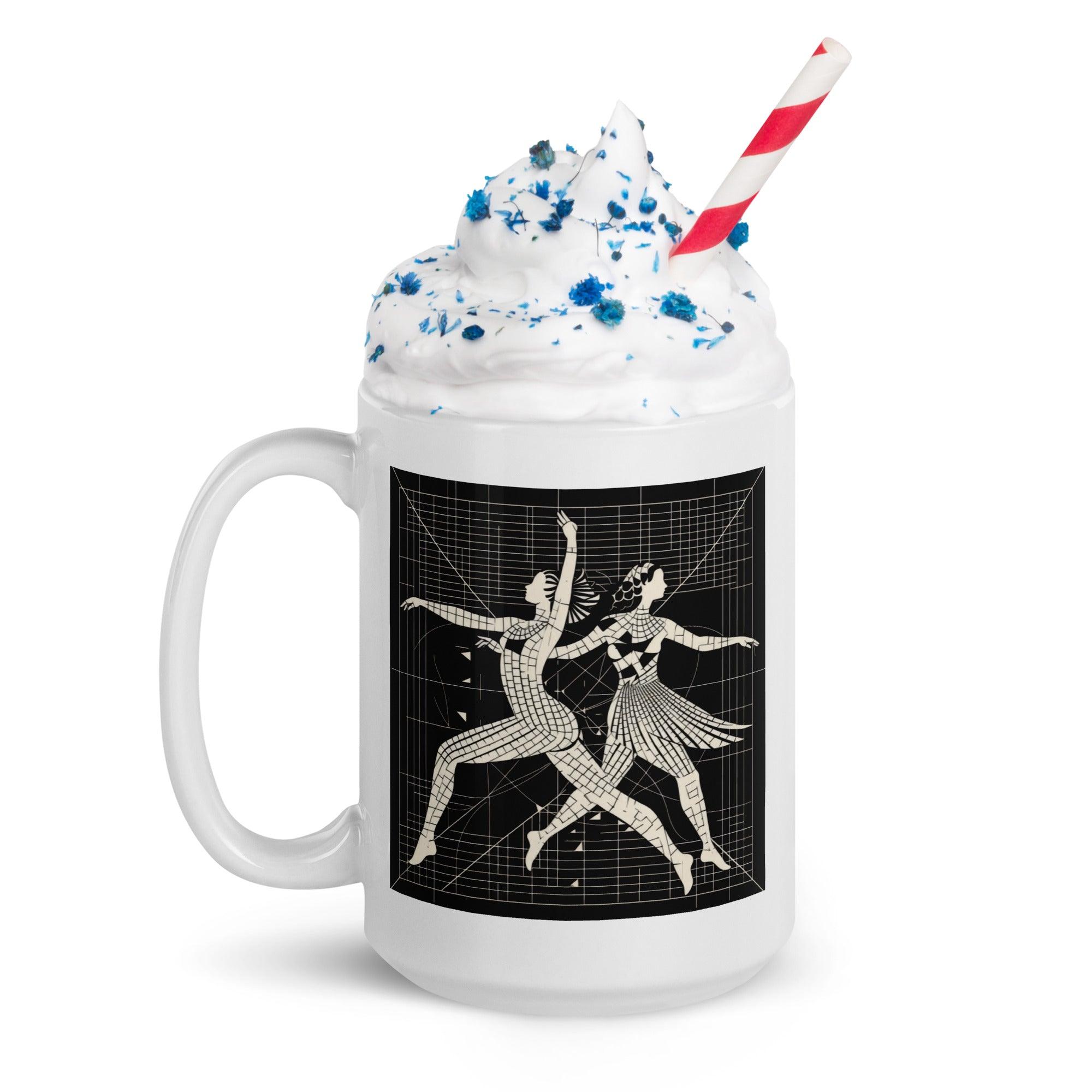 White glossy mug with Majestic Balletic Attire design detail.