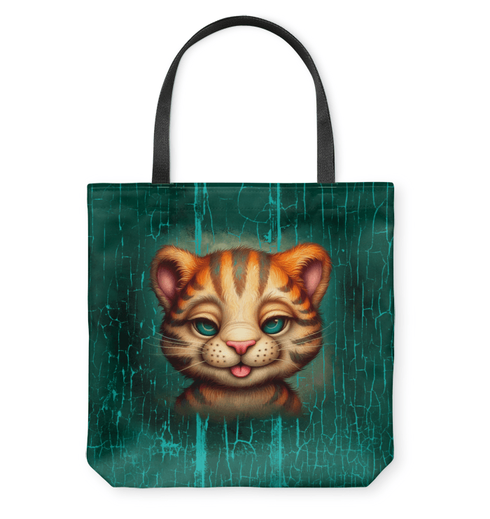 Majestic cat imagery on basketweave tote bag for cat enthusiasts.