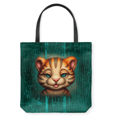 Majestic cat imagery on basketweave tote bag for cat enthusiasts.