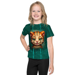 Child smiling in Majestic Feline Visions Kids Crew Neck T-shirt.