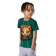 Kids Majestic Feline Visions T-shirt laid flat on a neutral background.