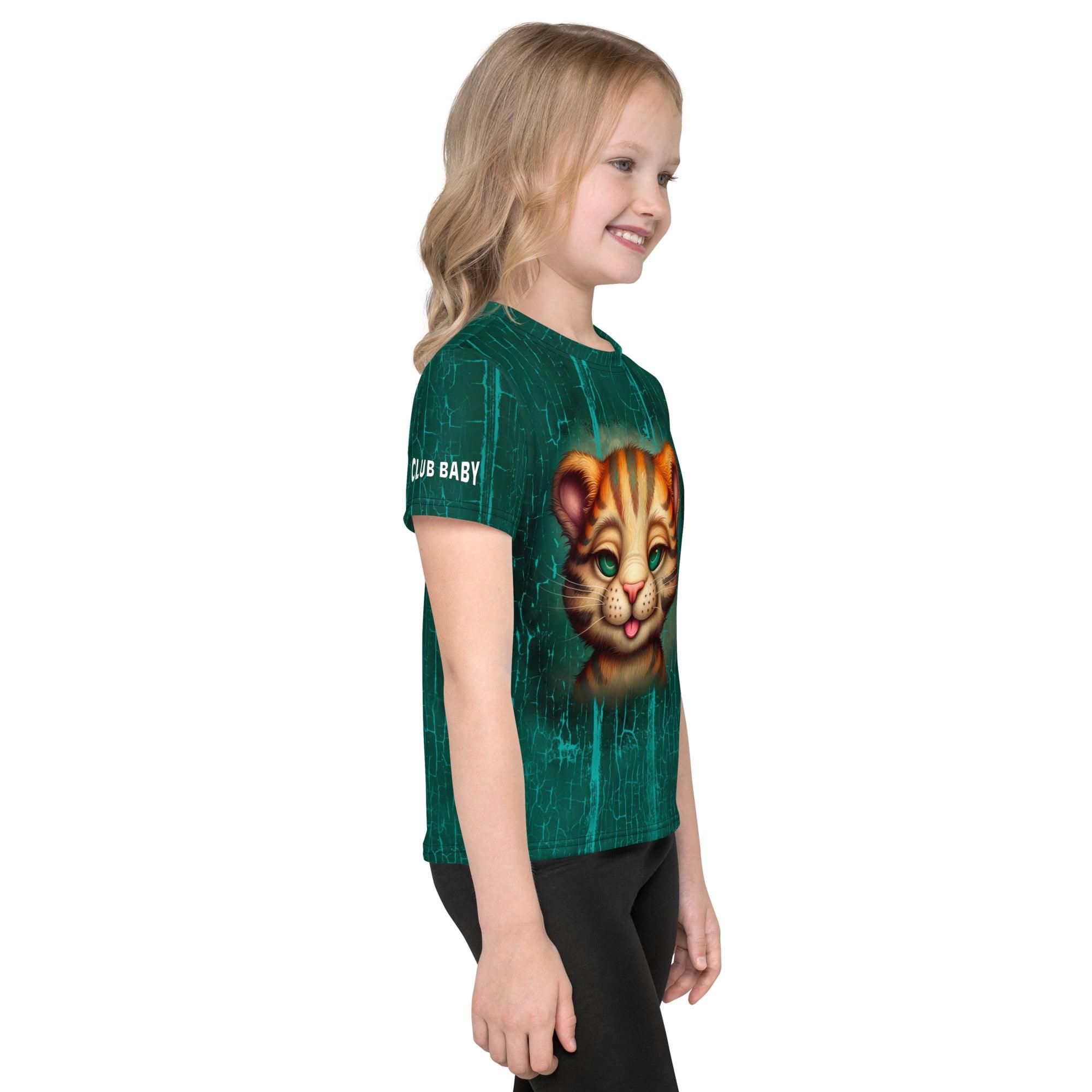 Side view of child wearing Majestic Feline Visions T-shirt.