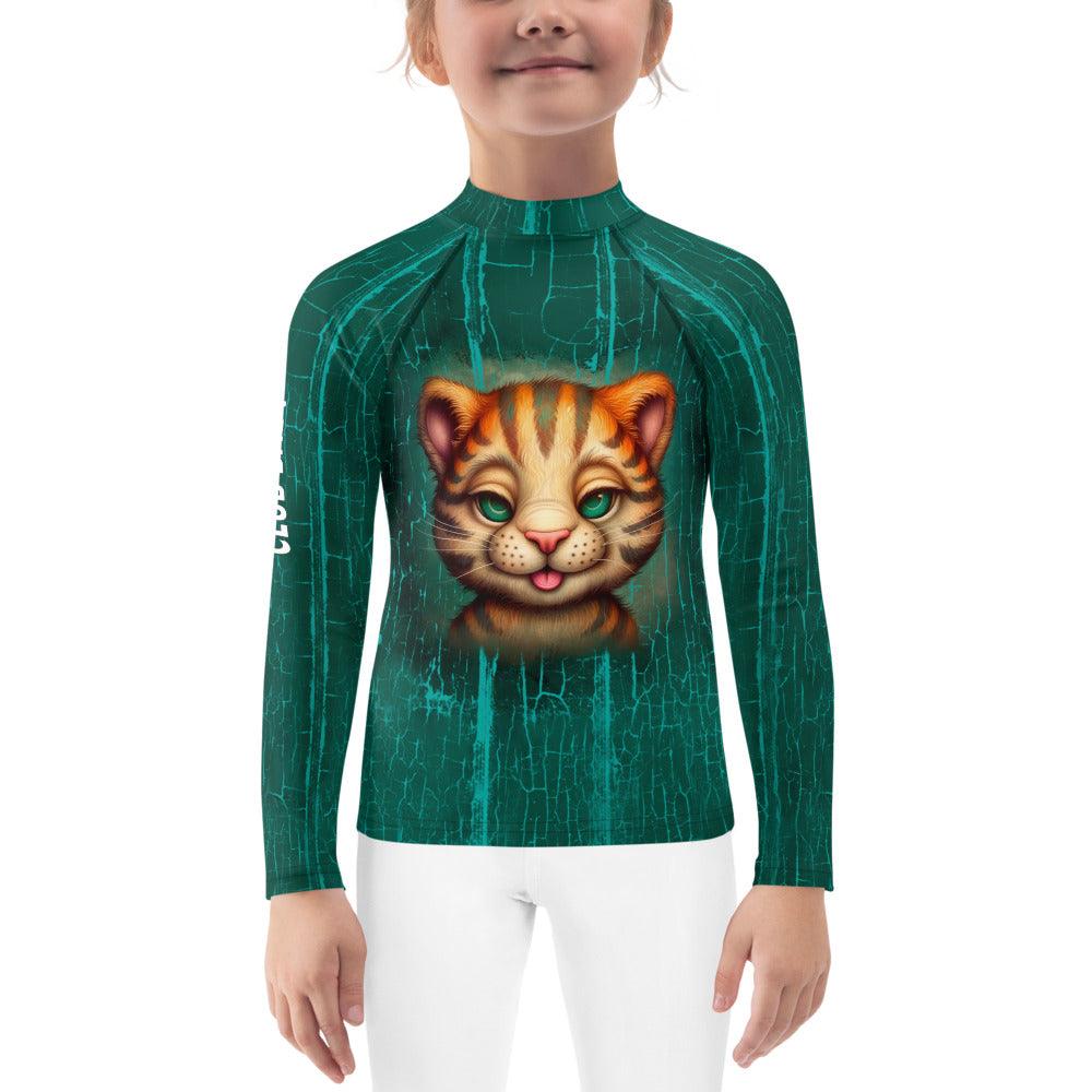 Child surfing wearing Majestic Feline Rash Guard.