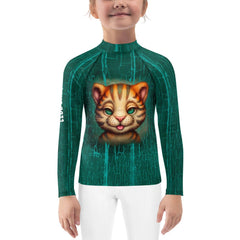 Child surfing wearing Majestic Feline Rash Guard.