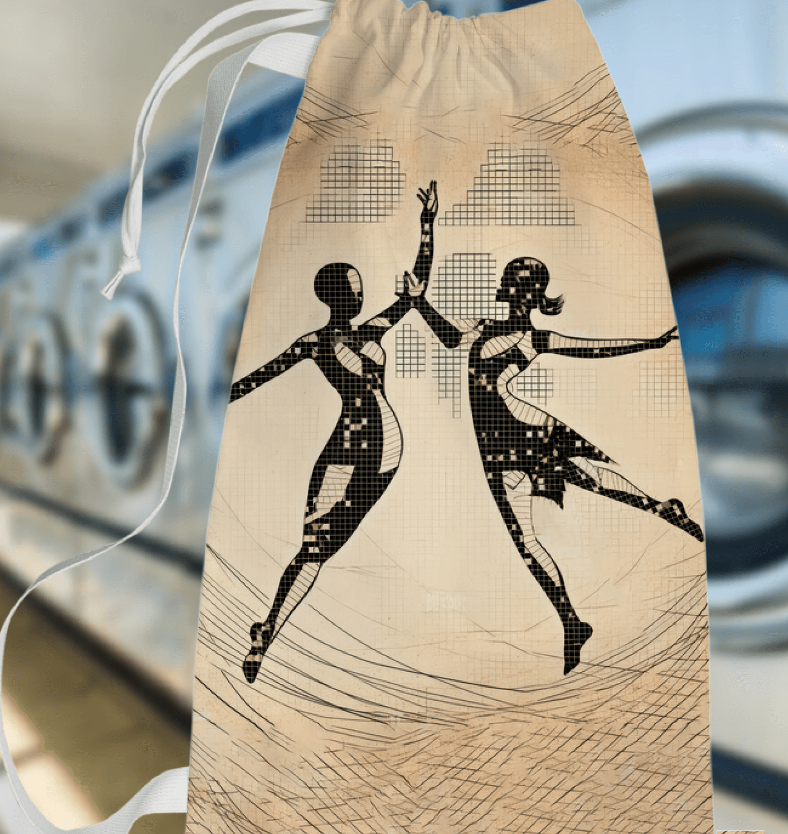 Artistic feminine dance motion design on a laundry bag.