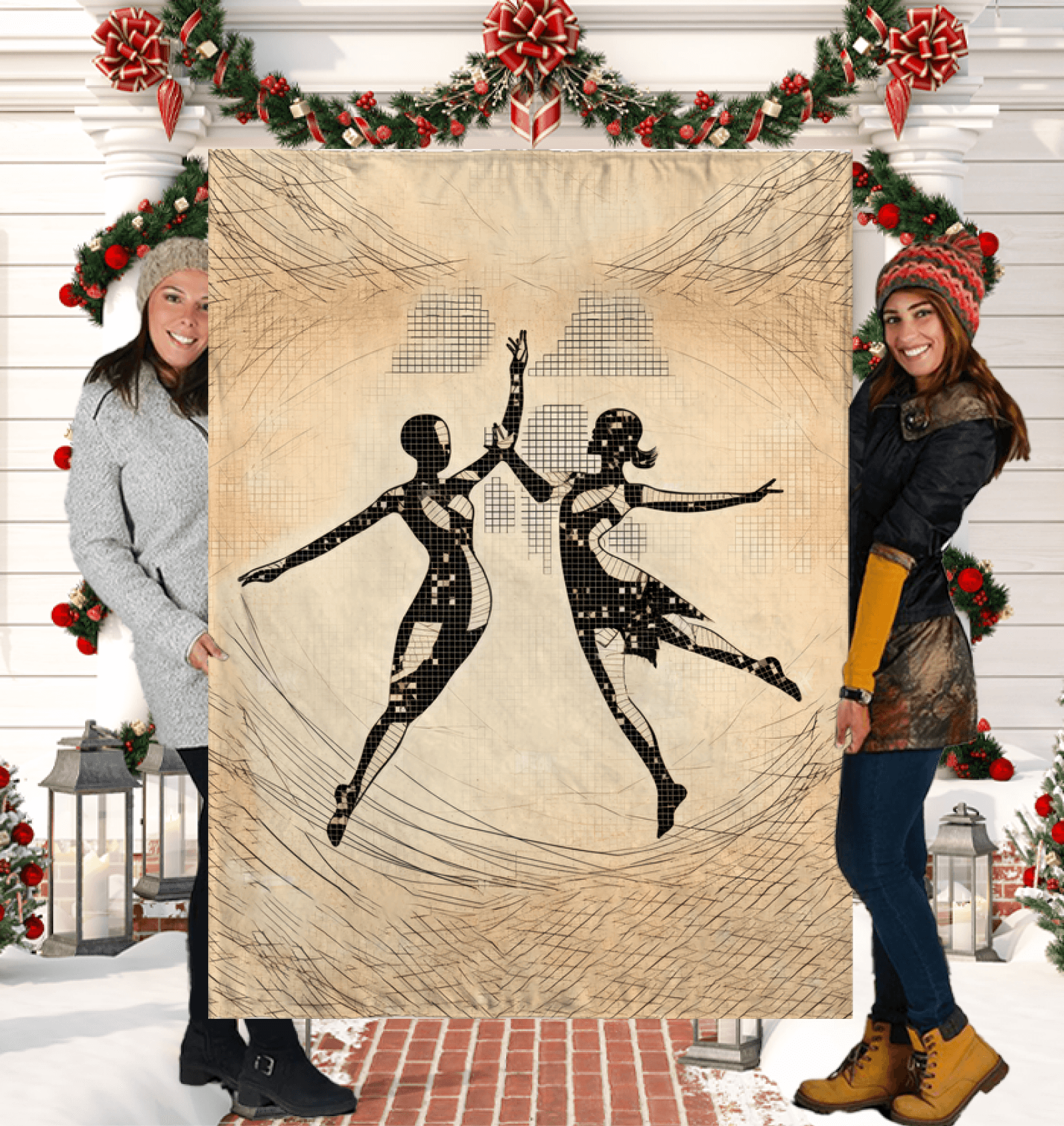 Majestic sherpa blanket with elegant feminine dance design in motion.