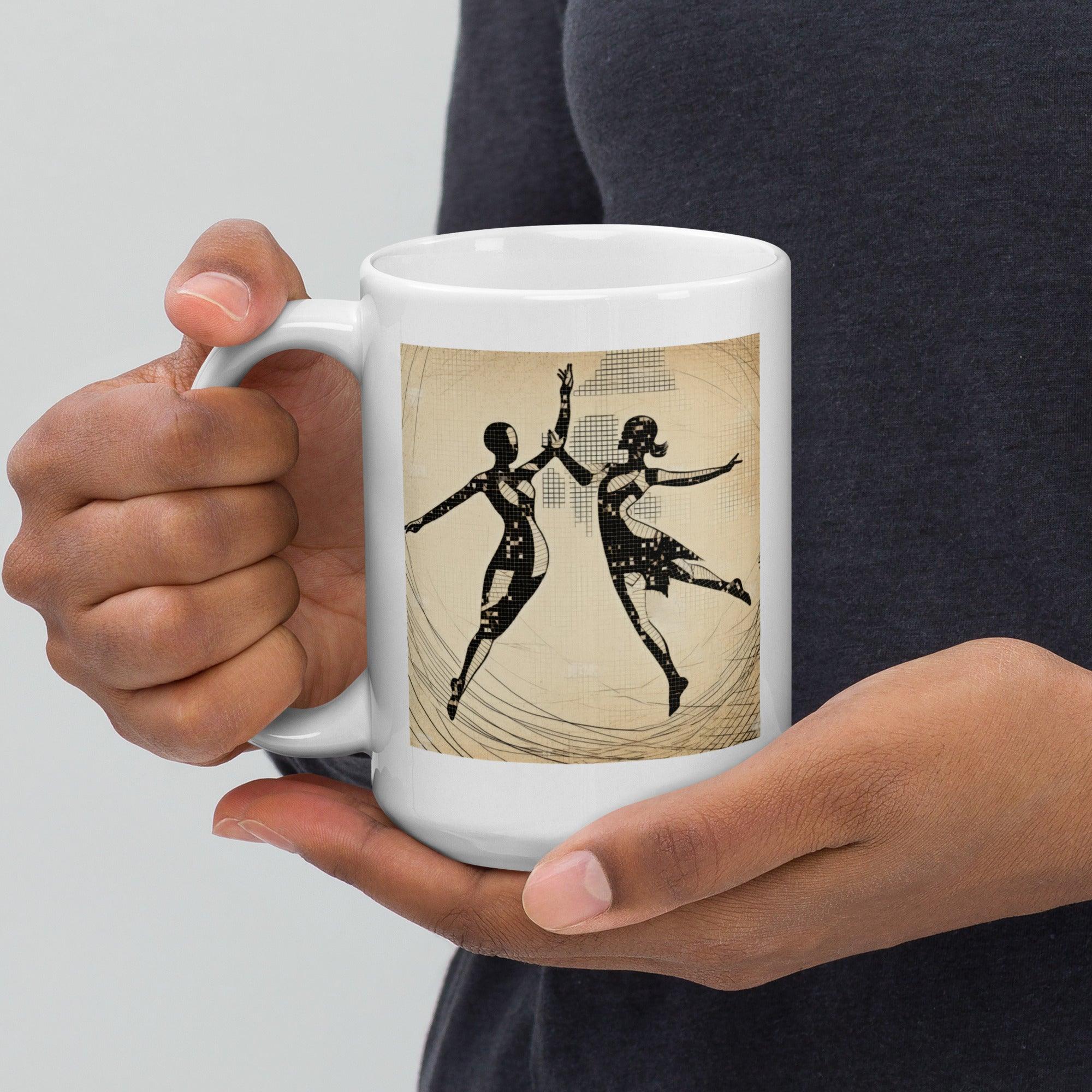 White glossy coffee mug with dance-themed print