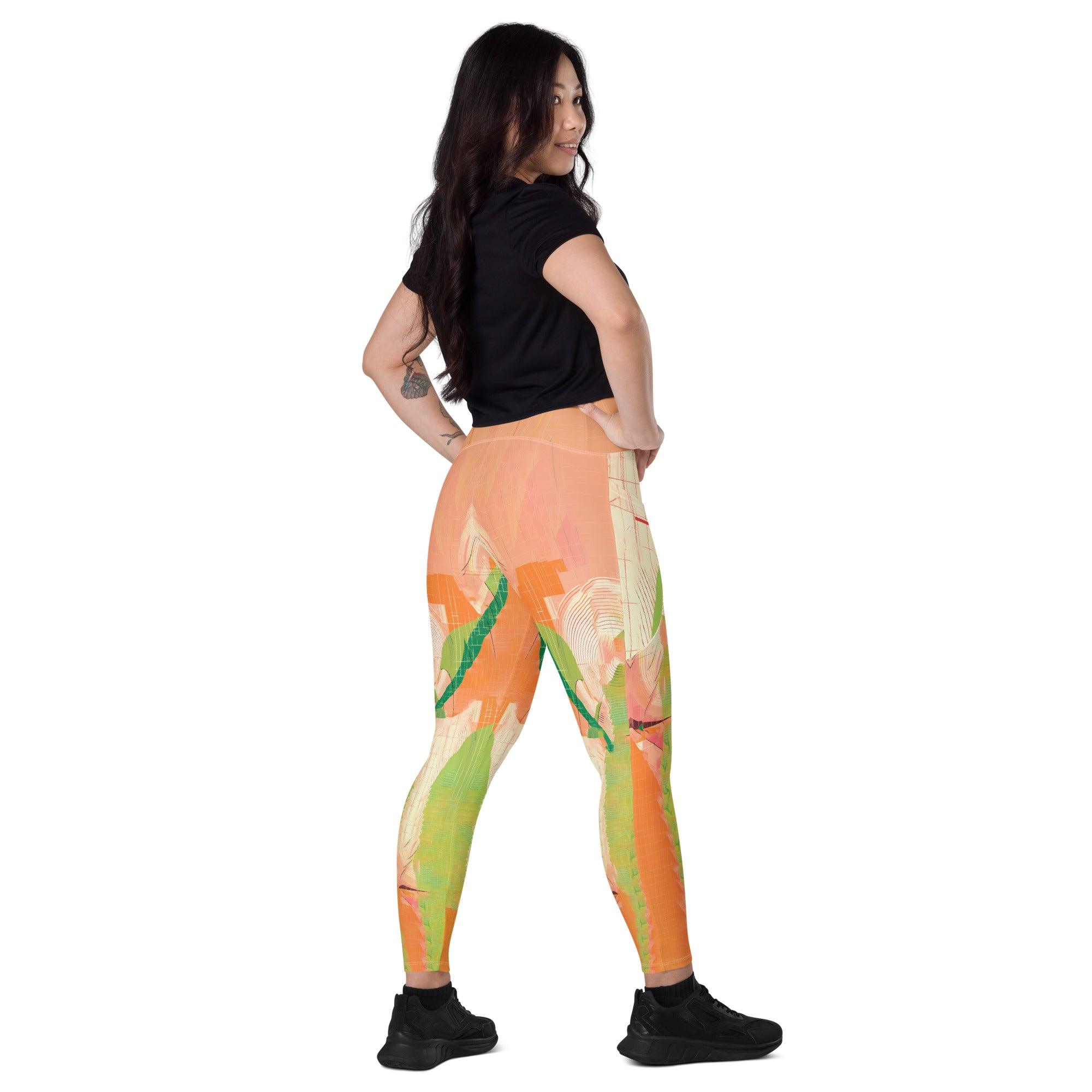 Durable crossover leggings with pockets for active wear.