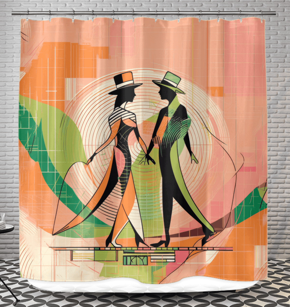 Elegant shower curtain featuring women's dance attire design, perfect for a sophisticated bathroom look.