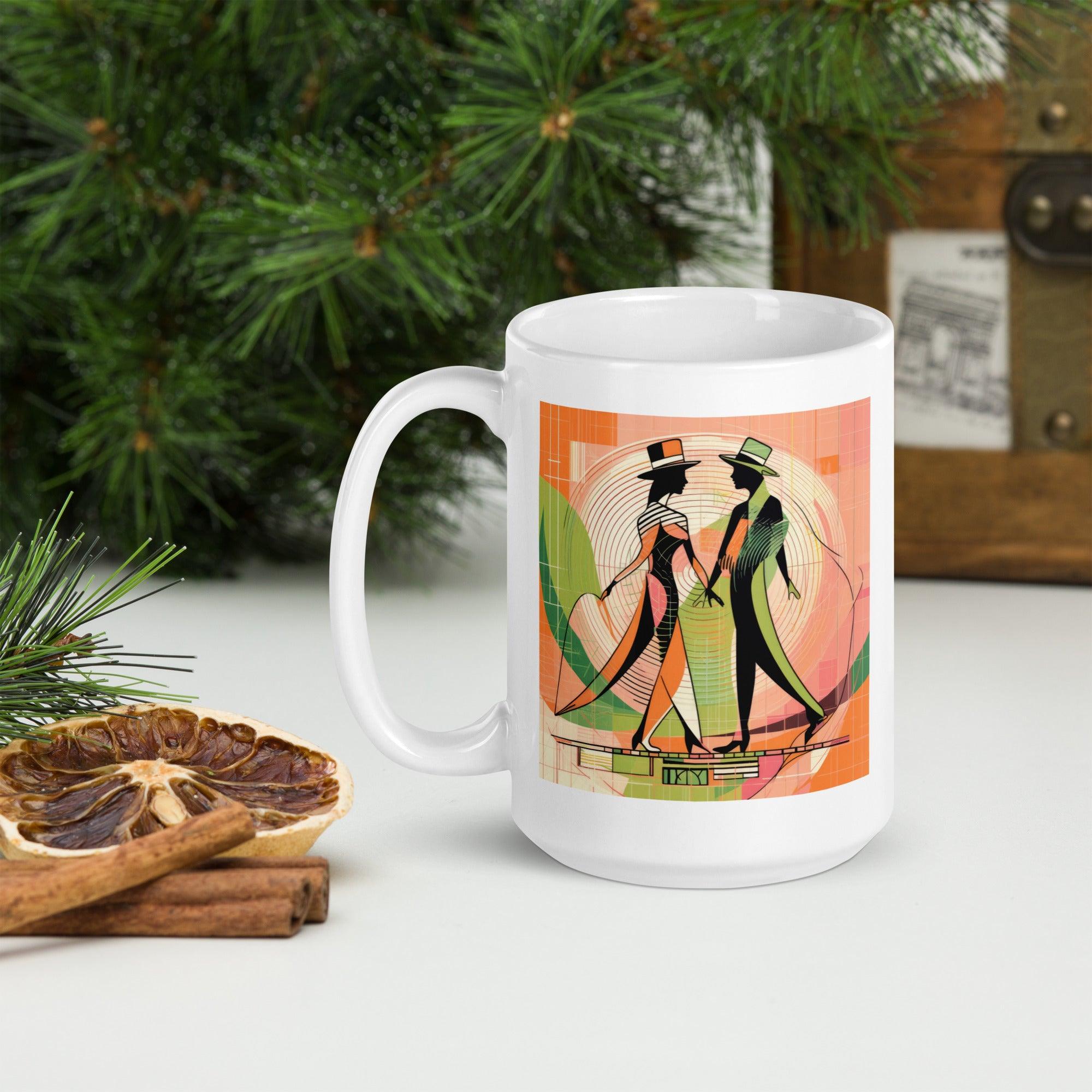 White glossy coffee mug featuring Majestic Women's Dance Attire motif.