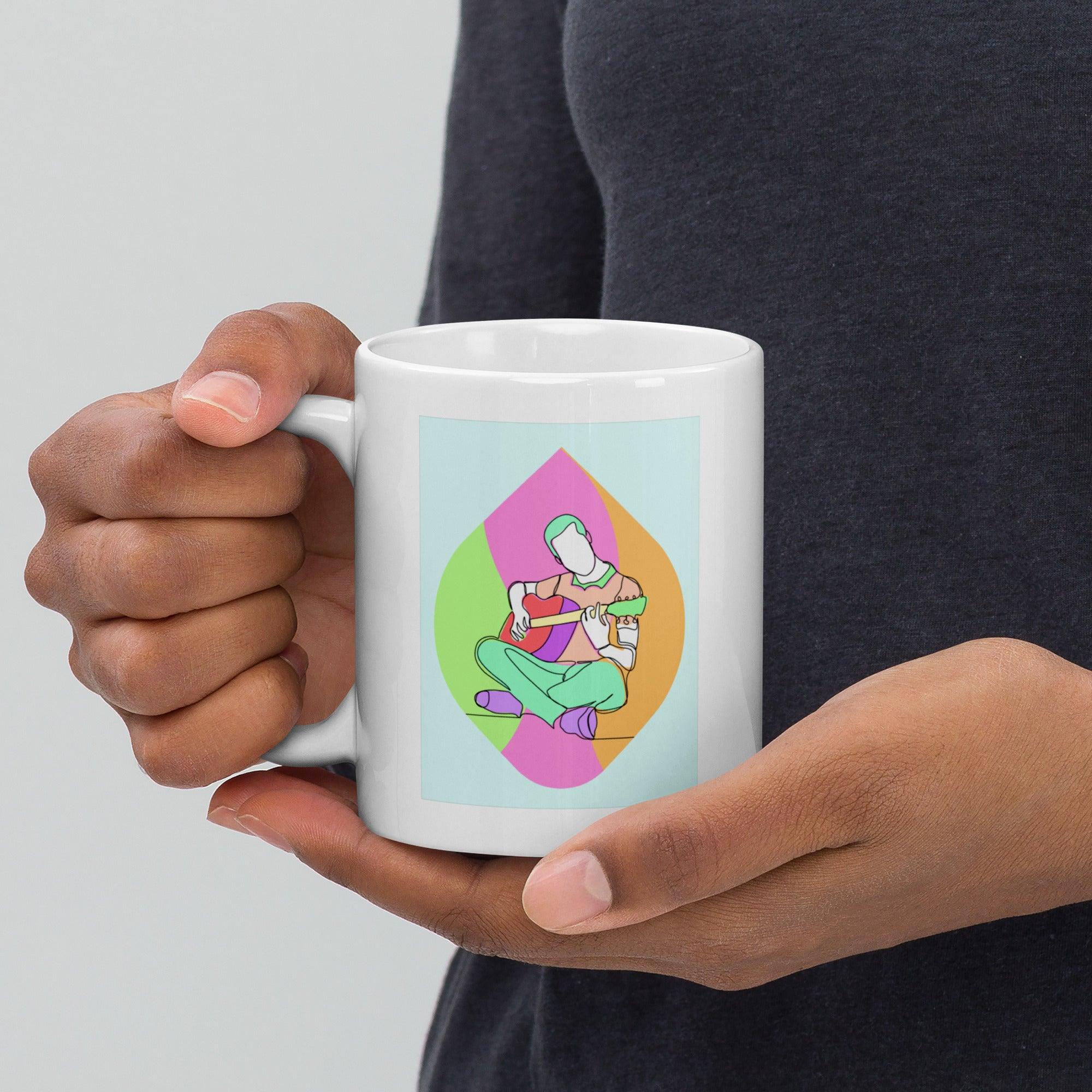 Man Playing Guitar Line Art White Glossy Mug - Beyond T-shirts