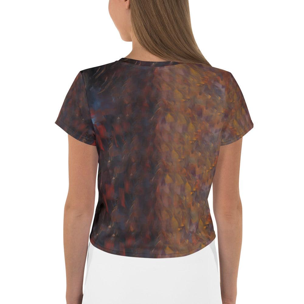 Fashion-forward all-over print crop top in Melodic Madness style.