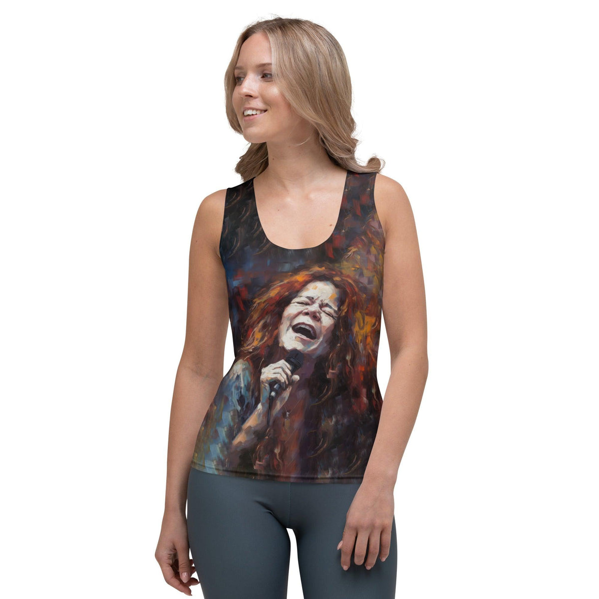 Melodic Madness vibrant sublimation tank top on model.
