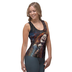 Person wearing Melodic Madness sublimation tank top outdoors.