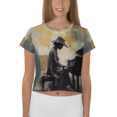 Vibrant all-over print Melodic Mirage crop tee on model