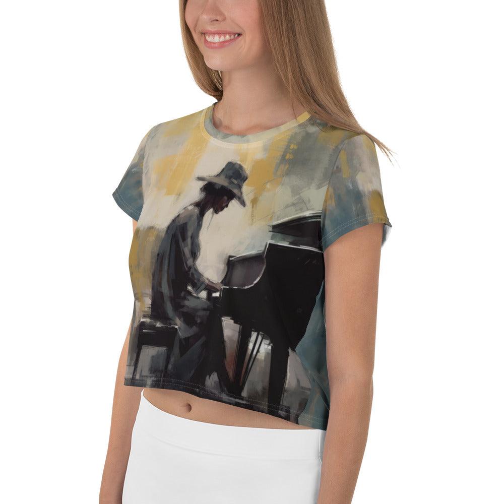 Stylish Melodic Mirage print crop tee paired with jeans