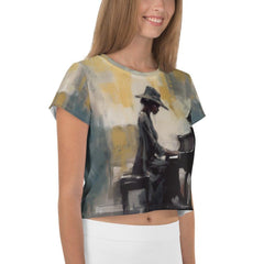 Front view of the colorful Melodic Mirage all-over print crop tee