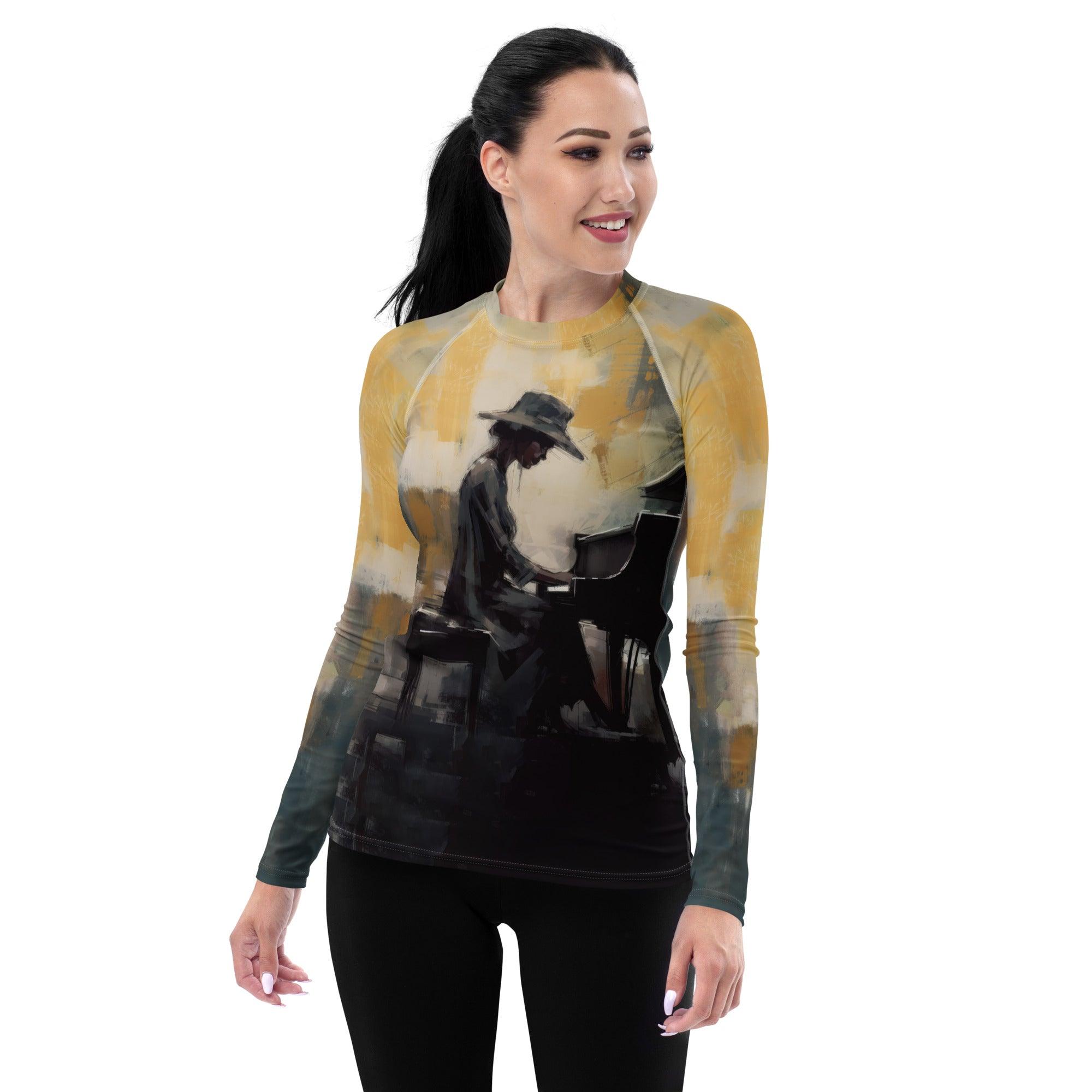 Melodic Mirage Women's Rash Guard front view on model