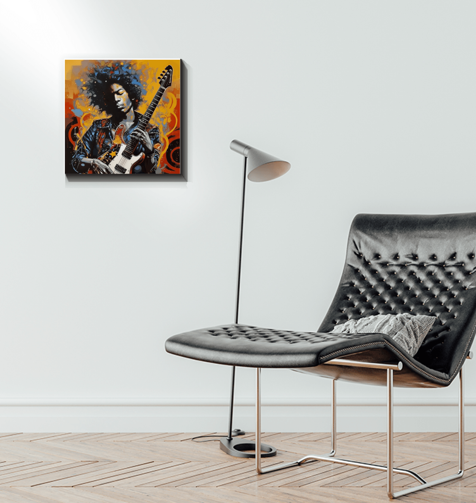 Modern living room with Creativity Transforms Reality canvas wall art.