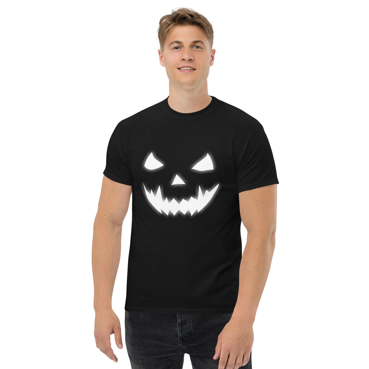 Front view of Men's Classic Tee: Wailing Wraiths Halloween Edition with ghostly graphics