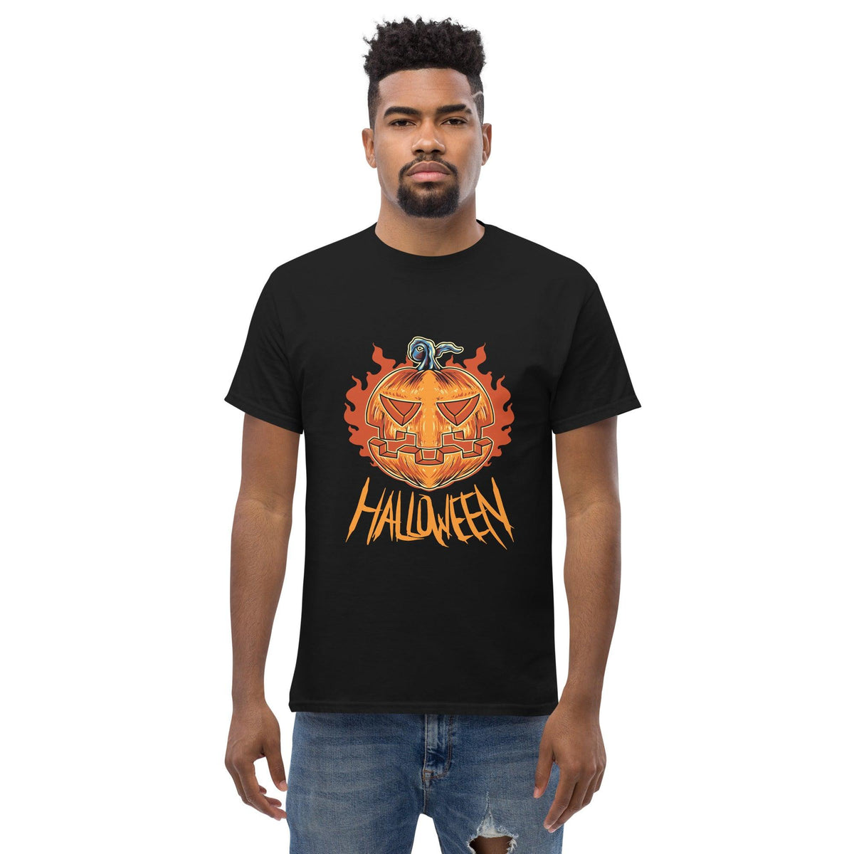 Front view of Howling Haunts Men's Halloween Classic Tee with eerie graphics