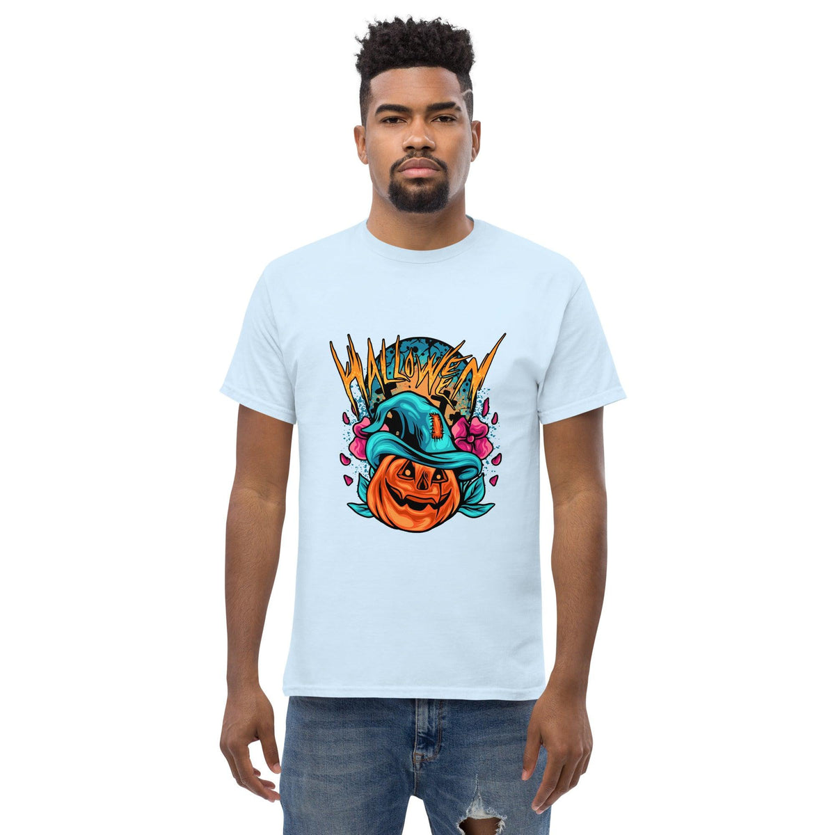 Front view of Scary Scarecrows Men's Halloween Tee with scarecrow graphics