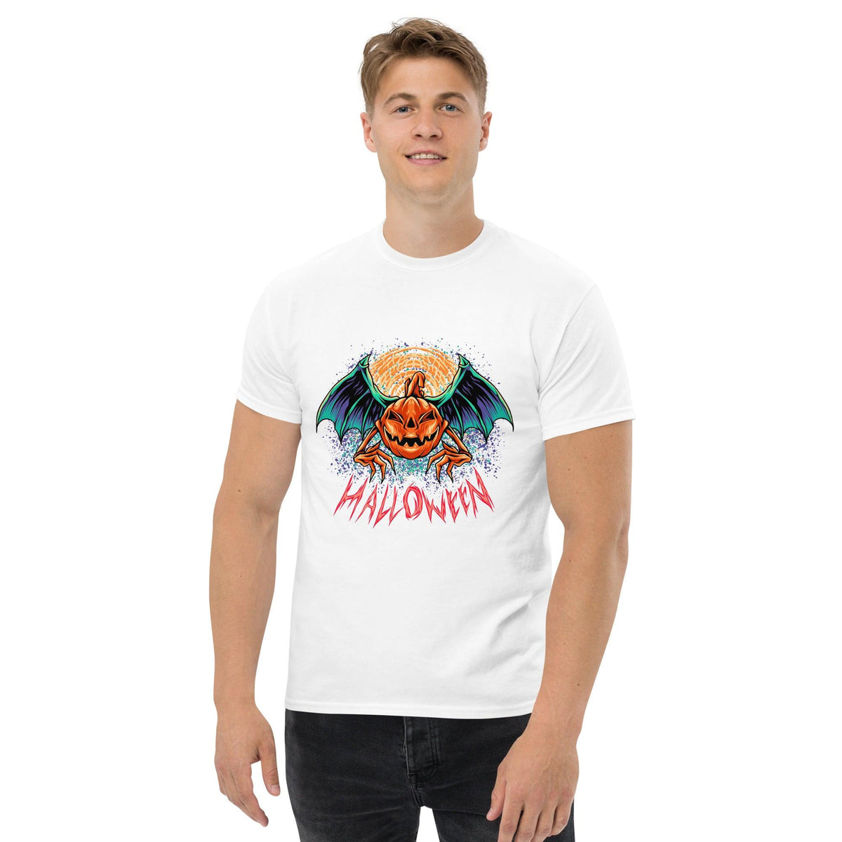 Front view of Grinning Ghosts Men's Halloween Tee with ghost graphics