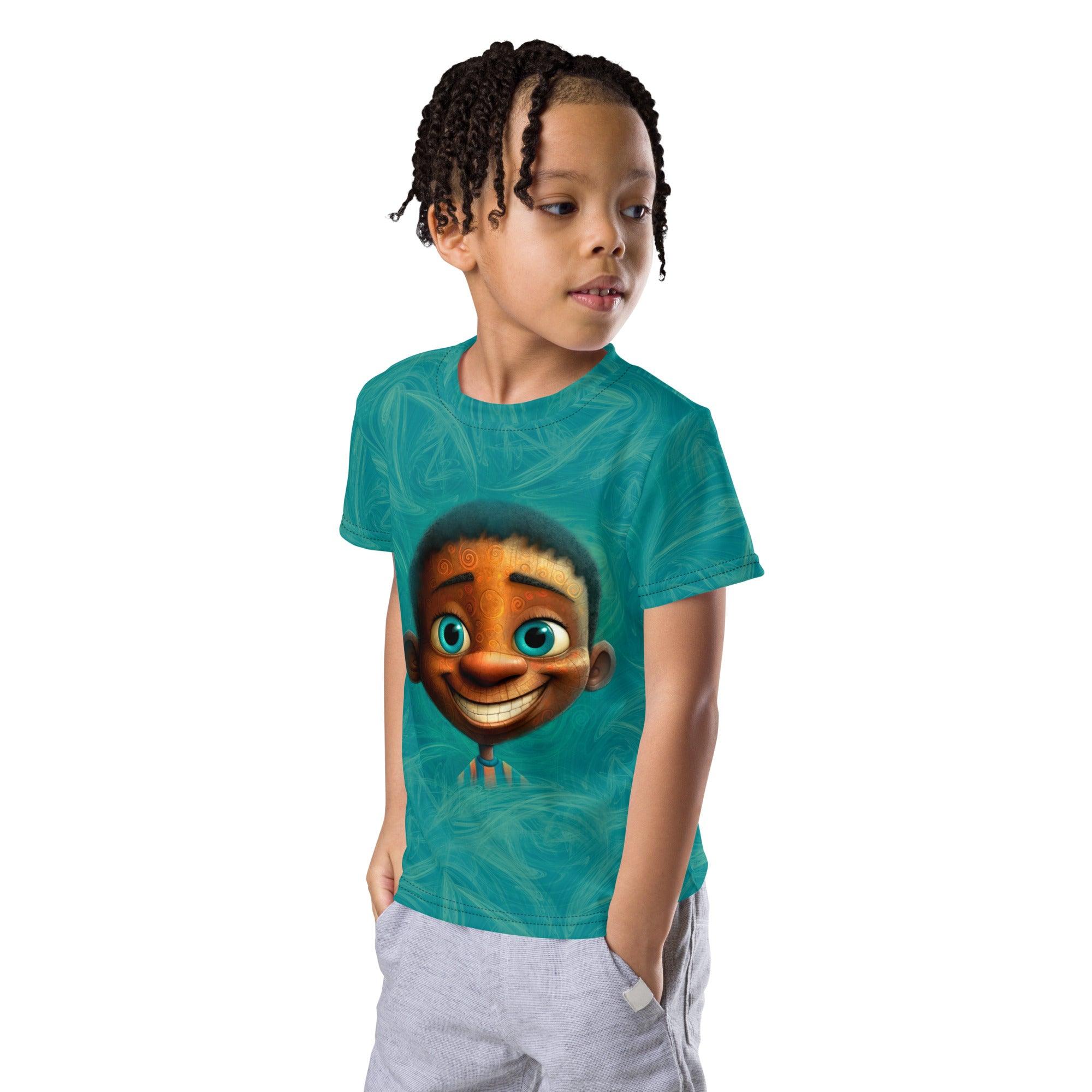 Kid smiling in Fairy Vision crew neck t-shirt, outdoor playtime.