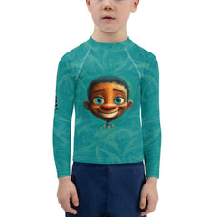 Child wearing Mesmerizing Fairy Vision Rash Guard at the beach.