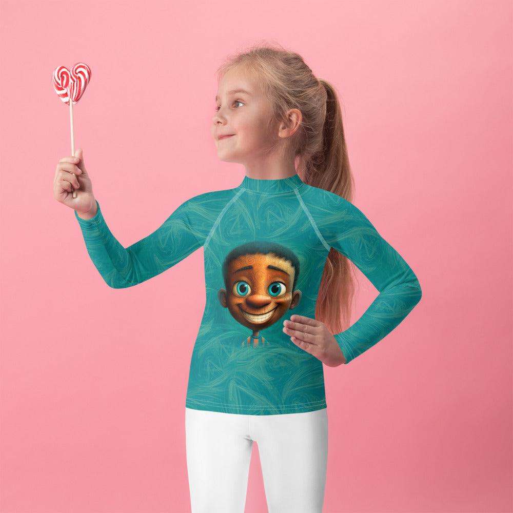 Kid swimming in pool wearing Fairy Vision Rash Guard.