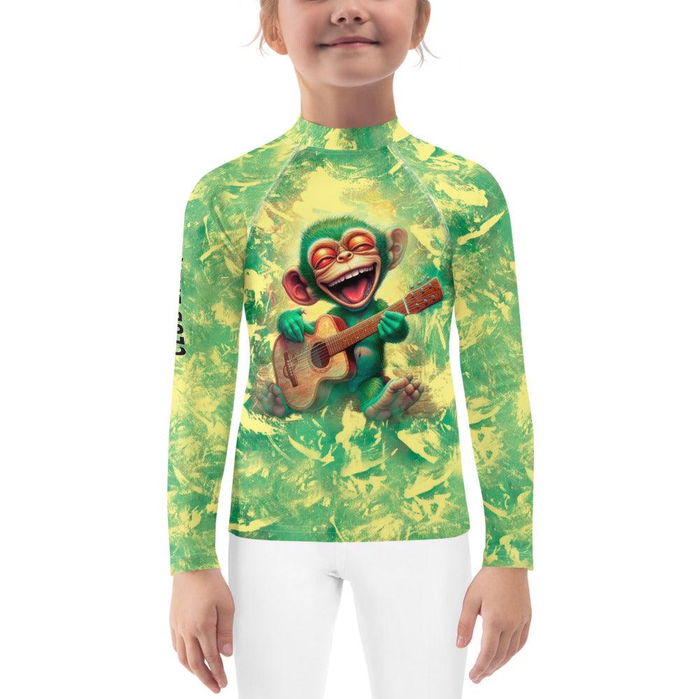 Child wearing 'Mischief In Their Eyes' Rash Guard while swimming.