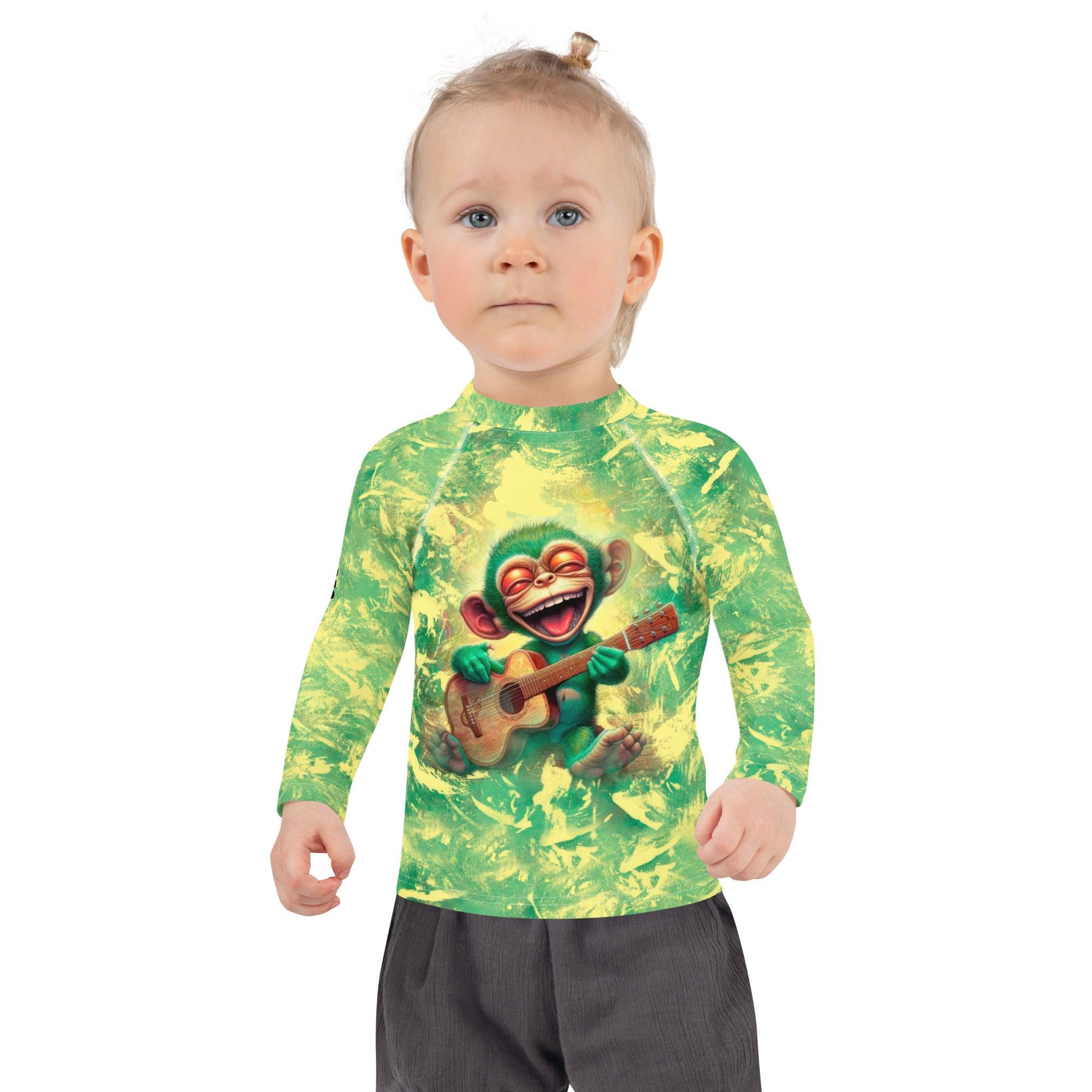 Front view of 'Mischief In Their Eyes' Kids Rash Guard.