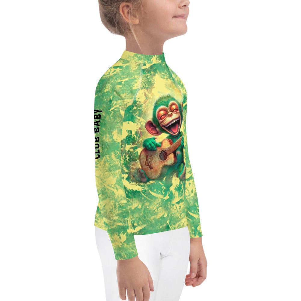 Mischief In Their Eyes' Rash Guard on child, outdoor fun.