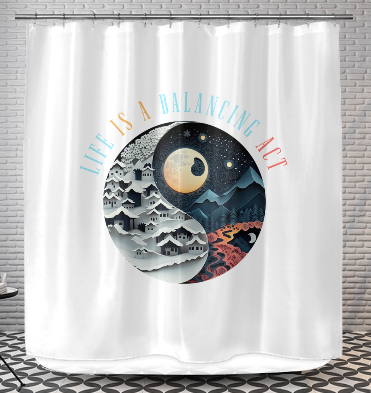 Ying Yang shower curtain with spring blossom design.
