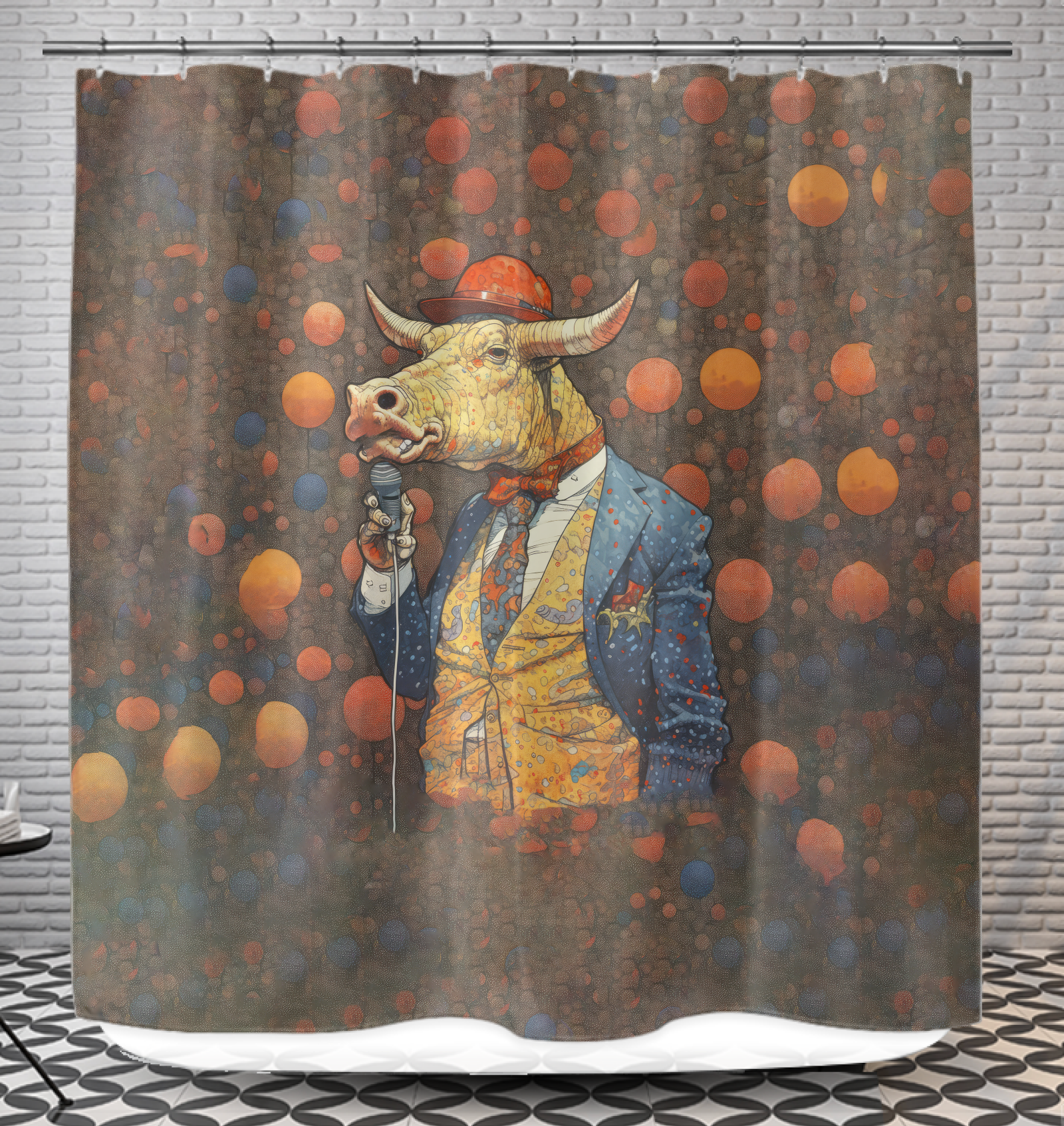 Elegant buffalo-themed curtain enhancing bathroom decor