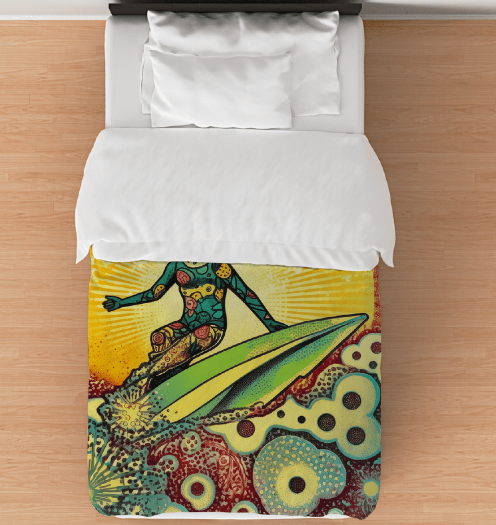 Surfing 1 14 Twin Comforter displayed on a bed, featuring a striking surfing motif for those who love the ocean lifestyle.