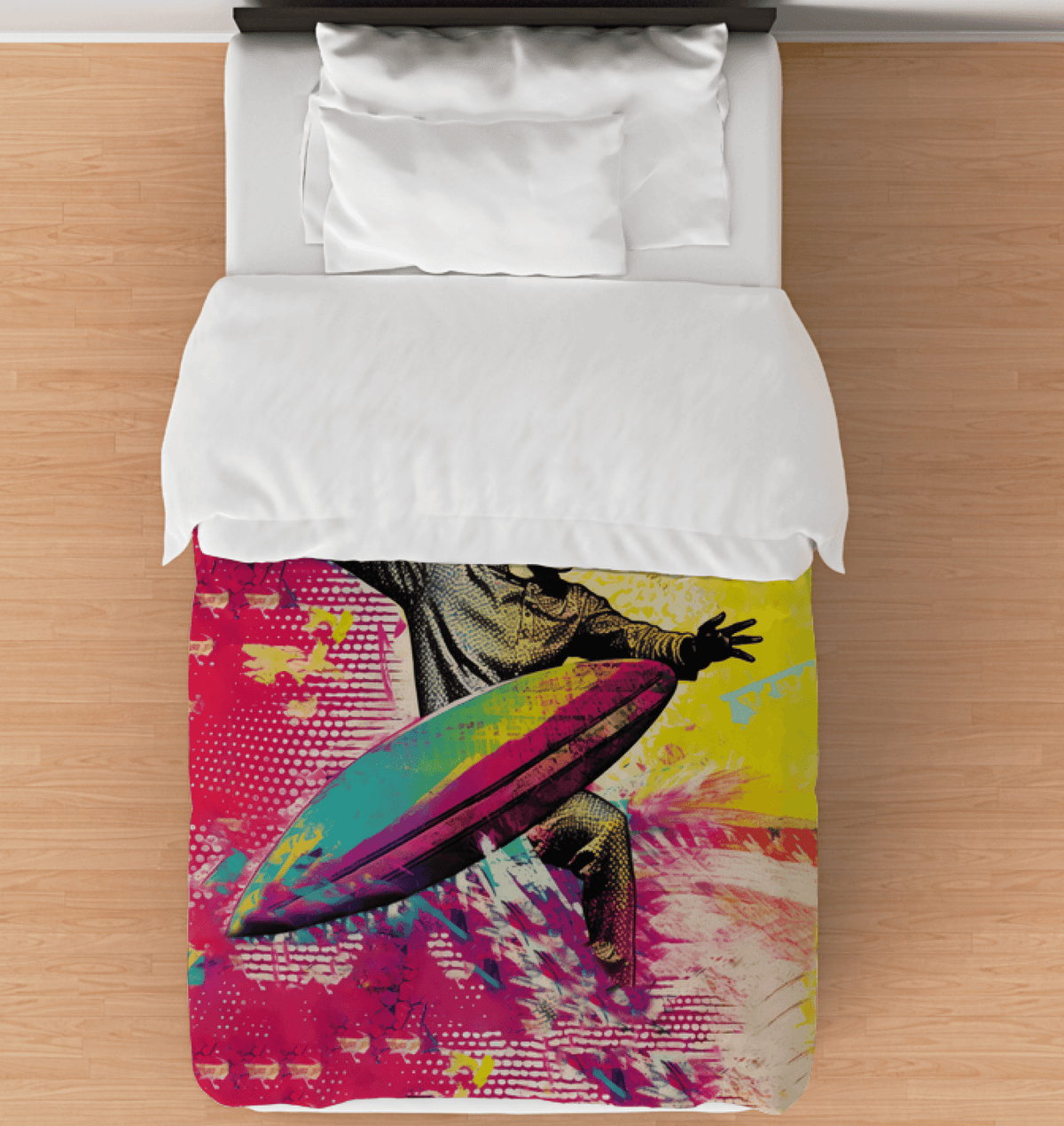 Surfing 1 06 Twin Comforter draped on a bed, showcasing its bold surf wave design, ideal for adding a touch of adventure to any bedroom.