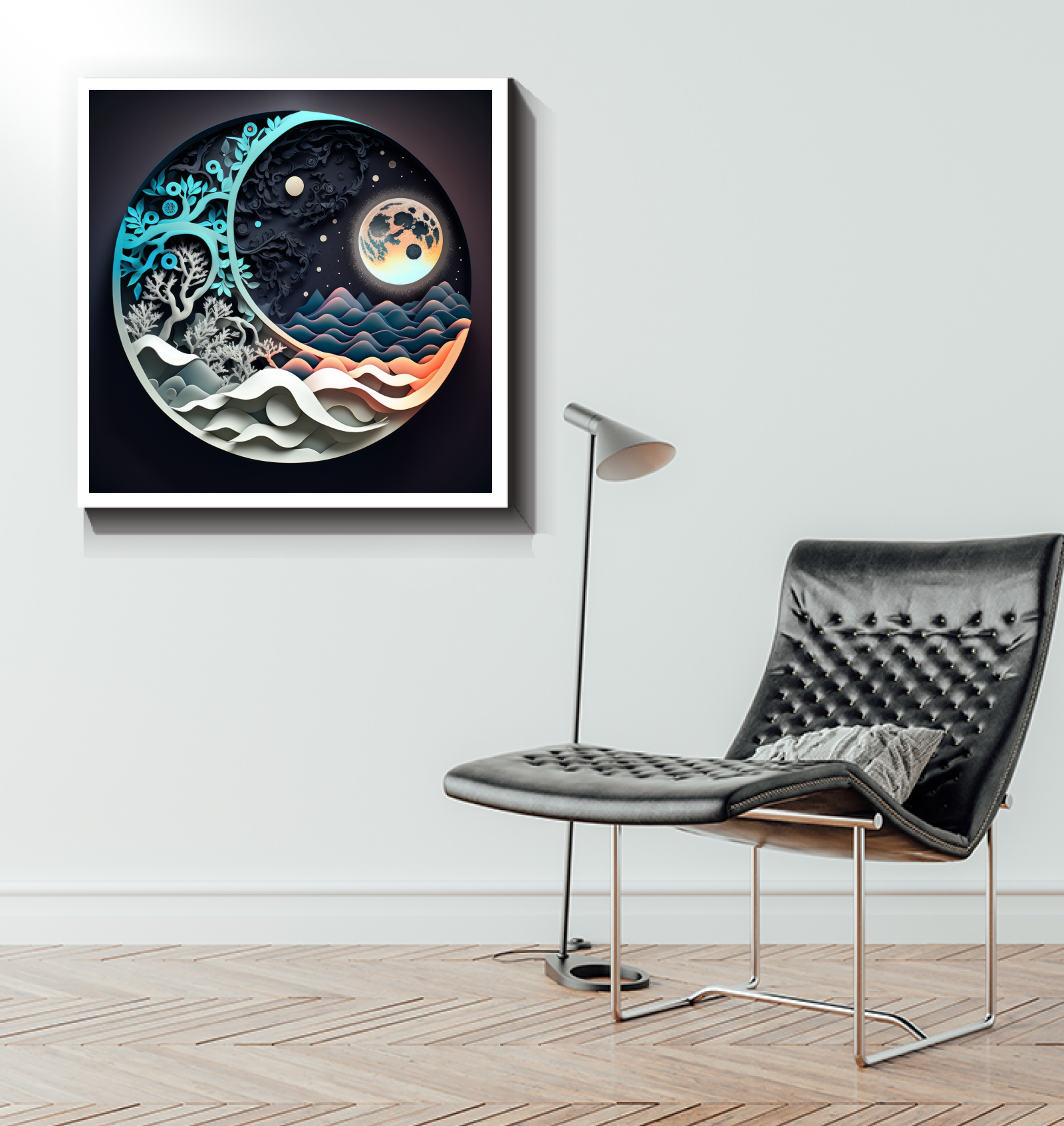 Wrapped canvas with shimmering and dark artistic elements.