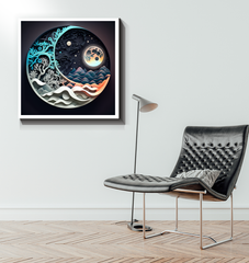Wrapped canvas with shimmering and dark artistic elements.
