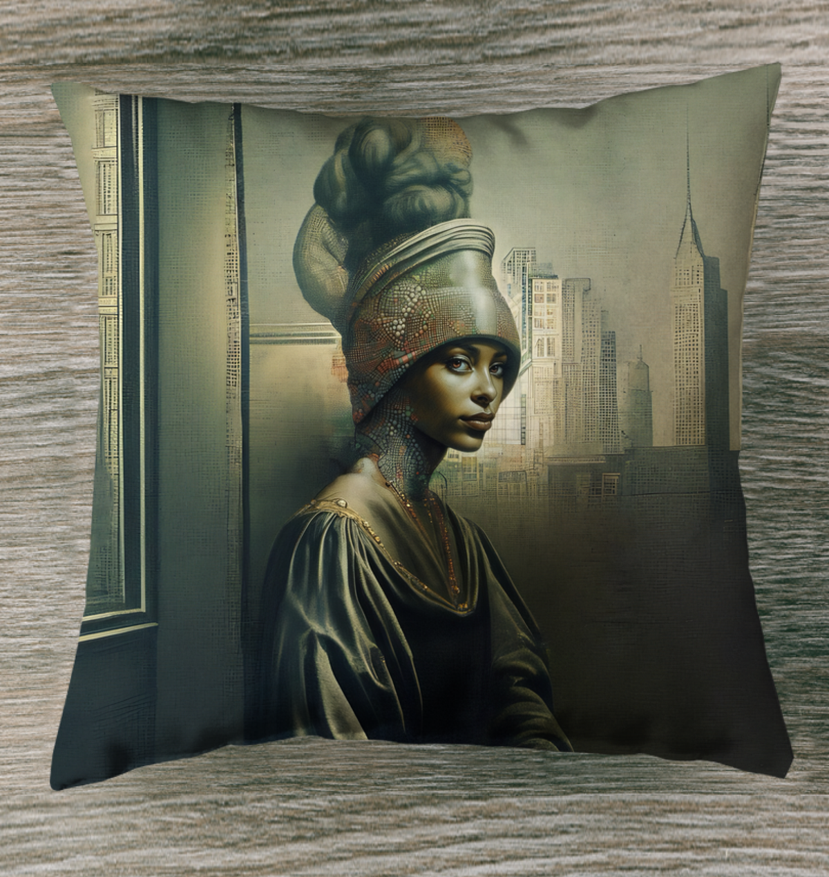 Celestial Delight Indoor Pillow adding elegance to a modern bedroom setting.