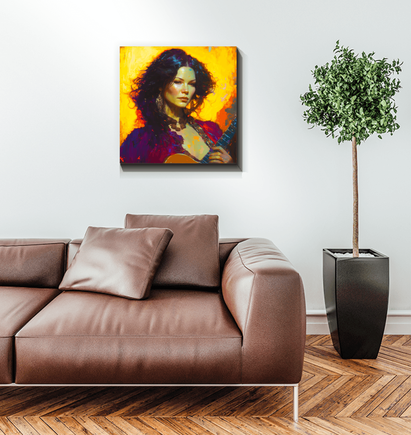 SurArt 75 Wrapped Canvas as a focal point in a minimalist living room, showcasing its impact on interior design.