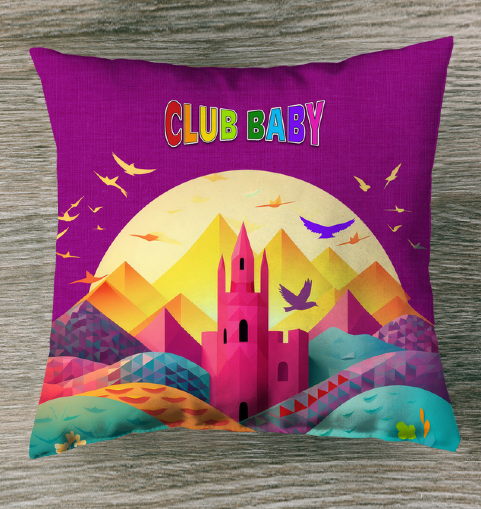 Front view of Rainbow Kingdom Bliss Outdoor Pillow.