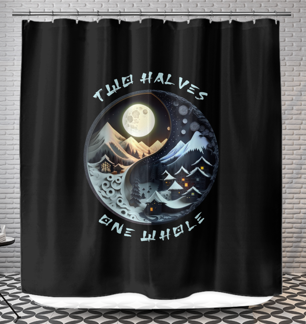 Ying Yang shower curtain with rainforest water droplet design.