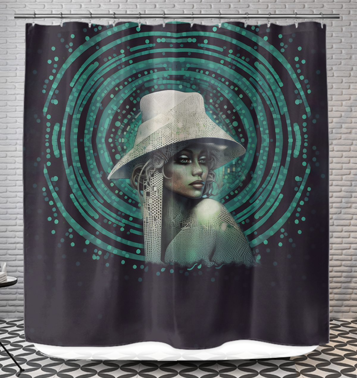 Boho Bloom Beyond Style Shower Curtain hanging in bathroom,